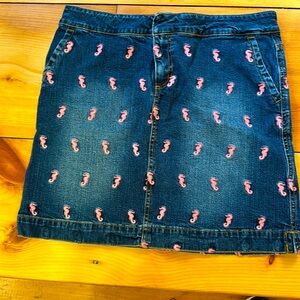 Lilly Pulitzer denim mini skirt with pink seahorses. Size 8